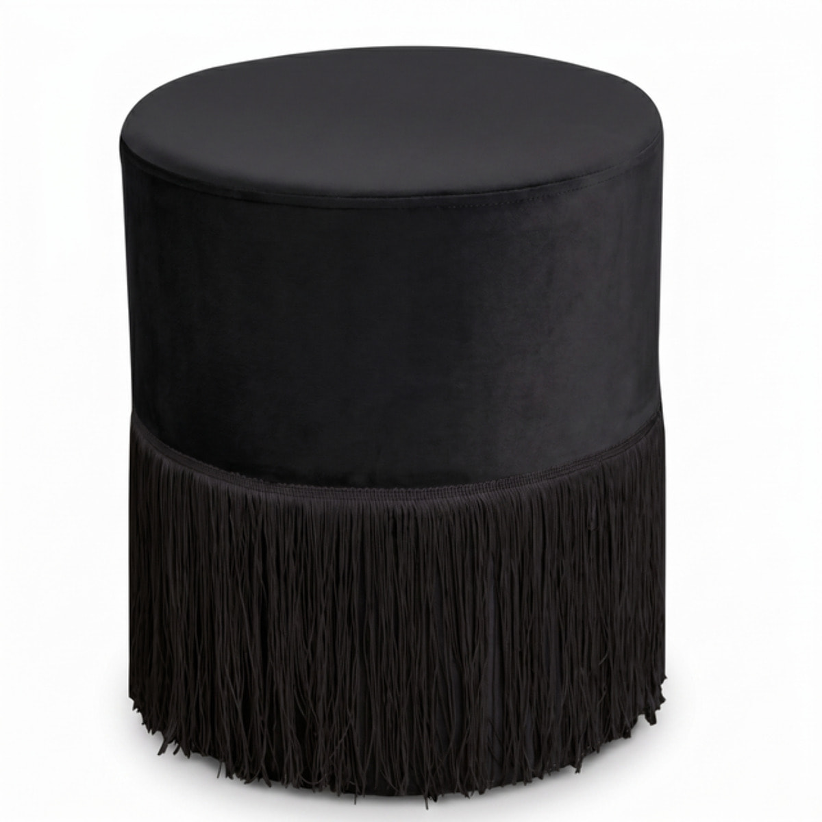 Pouf rotondo in velluto con frange decorative Ø34x40 cm, sgabello imbottito design glamour elegante, seduta decorativa per salotto camera da letto ingresso e cabina armadio, struttura resistente fino a 100 kg