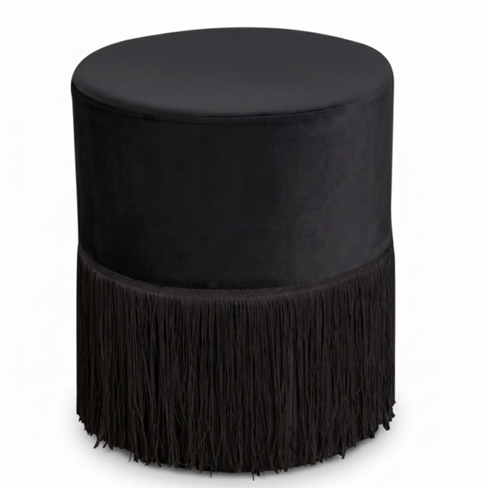 Pouf rotondo in velluto con frange decorative Ø34x40 cm, sgabello imbottito design glamour elegante, seduta decorativa per salotto camera da letto ingresso e cabina armadio, struttura resistente fino a 100 kg