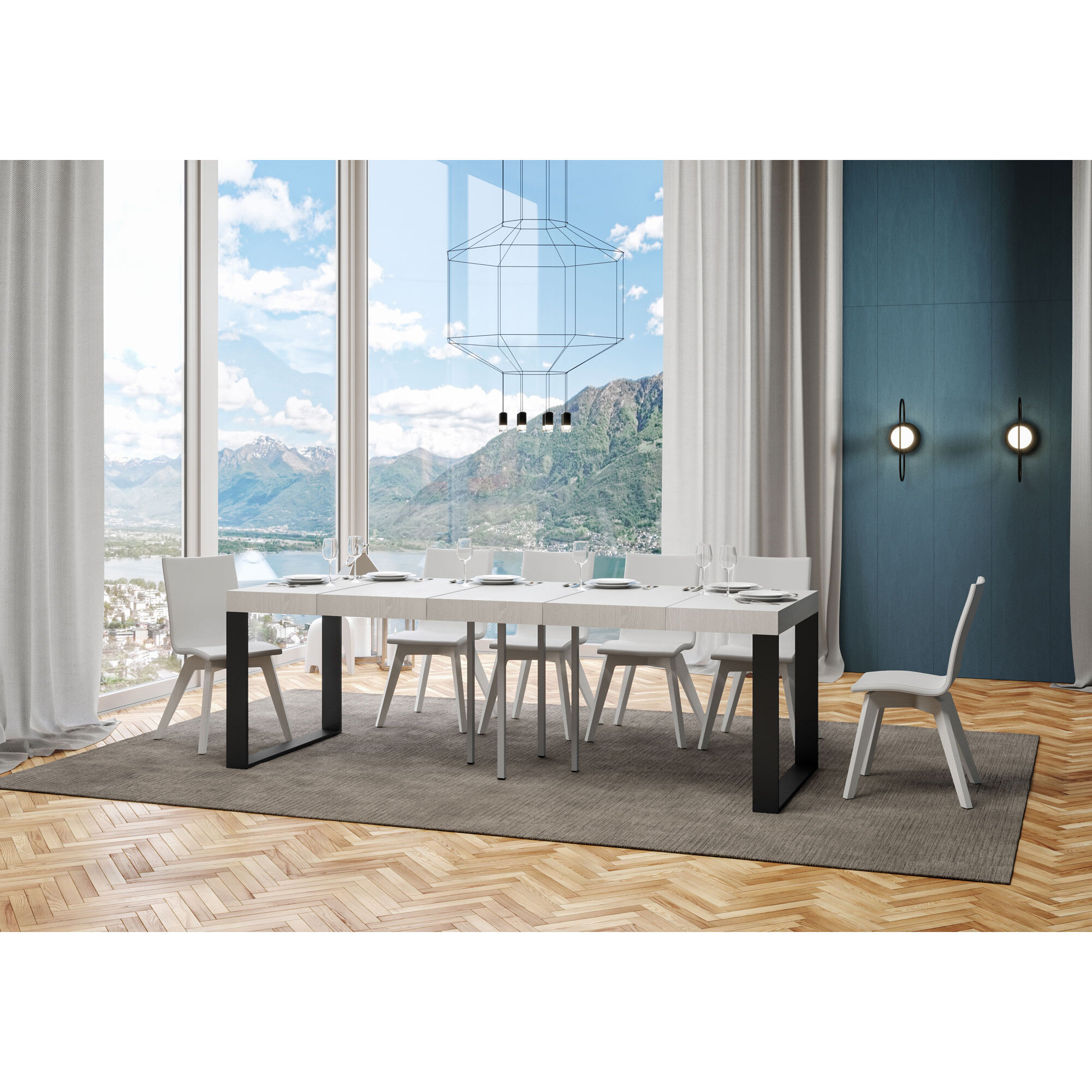 Mesa extensible 90x90/246 cm Tecno Premium Fresno Blanco estructura Antracita