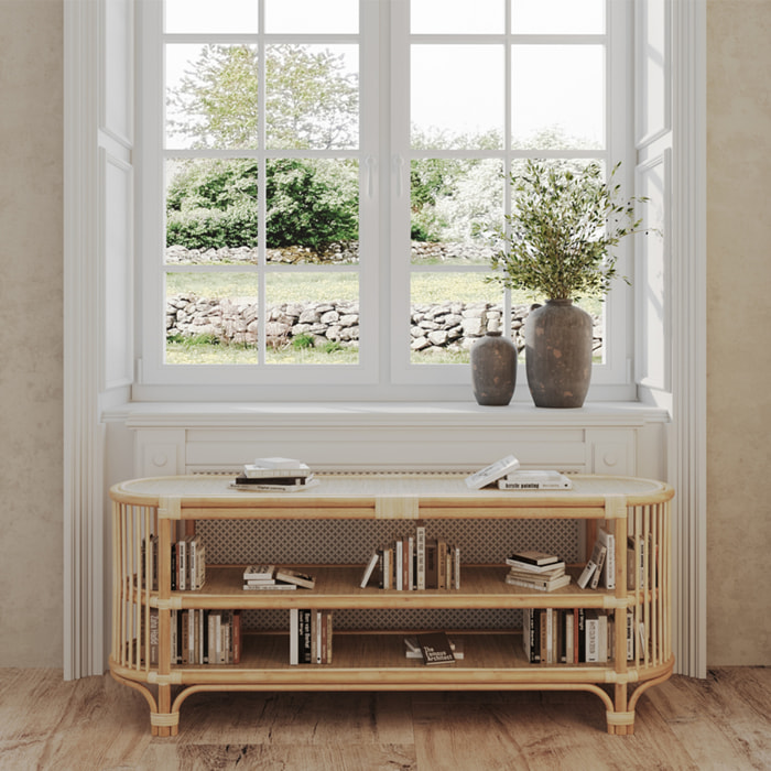 Console 140 cm en rotin naturel avec étagères - Marthe