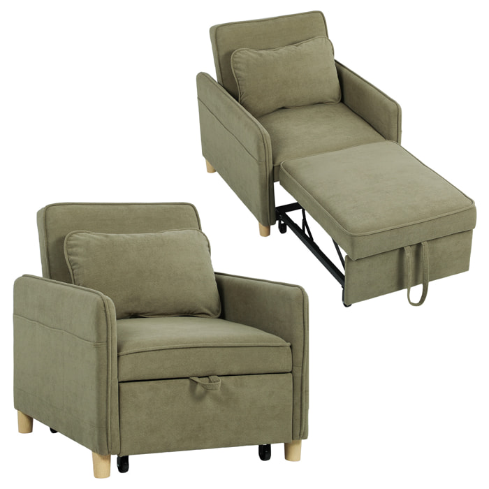 Sofá Cama de 1 Plaza 3 en 1, Sofá Cama Plegable Tapizado en Terciopelo Ecológico con Respaldo Ajustable 3 Niveles, 6 Bolsillos Laterales y Almohada, para Dormitorio, Salón, 74x85,5x82 cm Verde