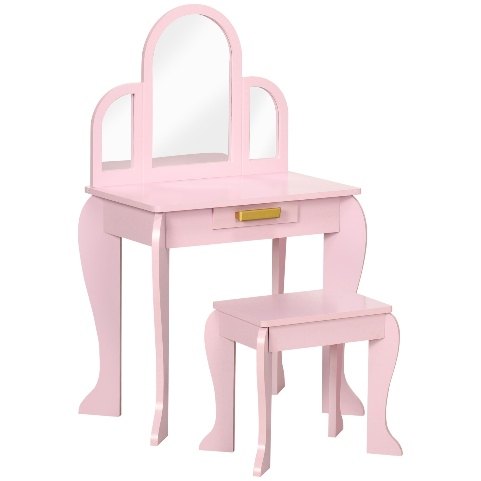 Coiffeuse enfant design girly - tabouret inclus - dim. 52L x 32l x 85H cm - tiroir, 3 miroirs - MDF bois de pin - rose poudré