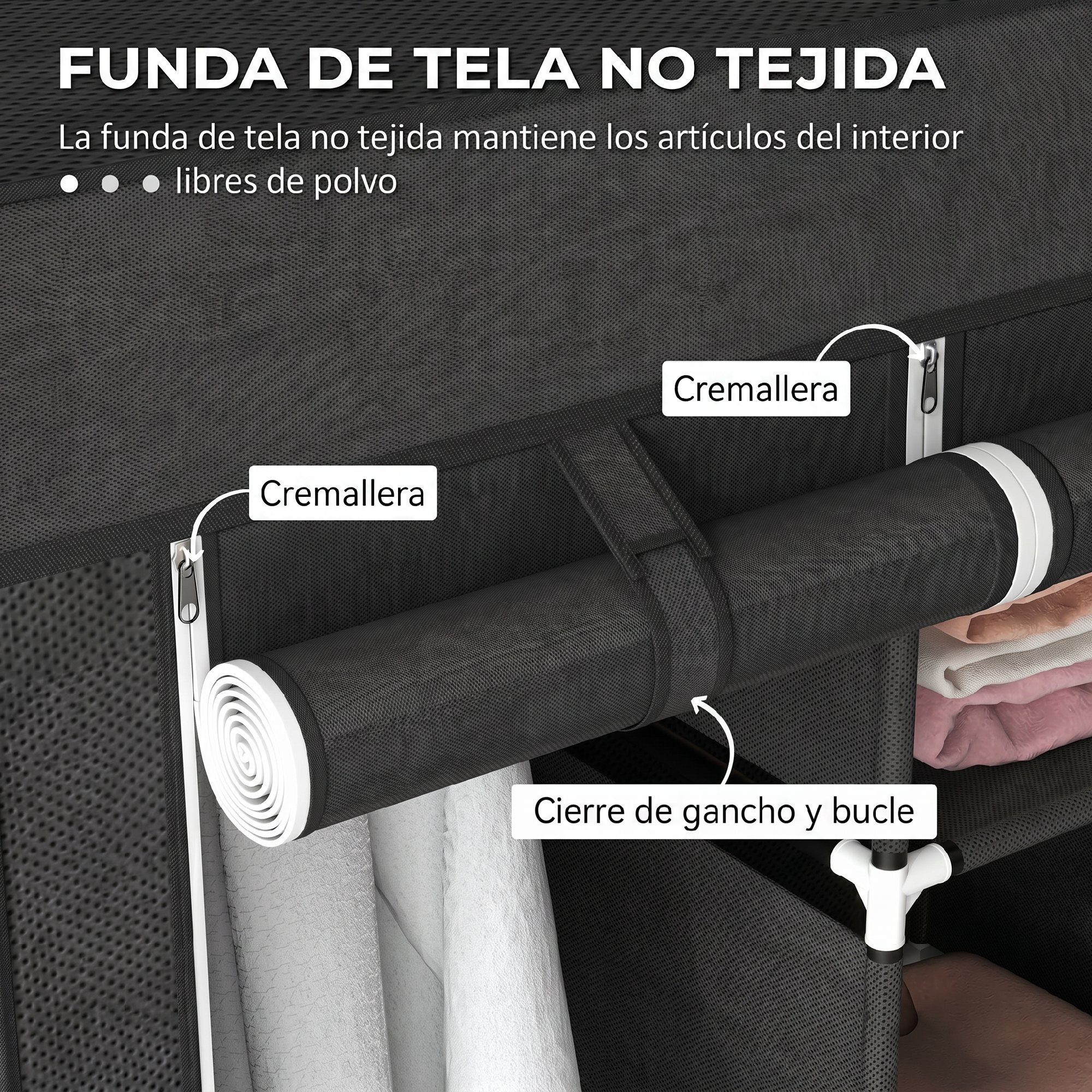 HOMCOM Armario de Tela, Armario Ropero con 2 Barras, 5 Estantes Abiertos, 3 Cajones, Cremallera, Marco de Acero, para Dormitorio, Espacio Pequeño, Vestidor, 125x43x162,5 cm, Negro