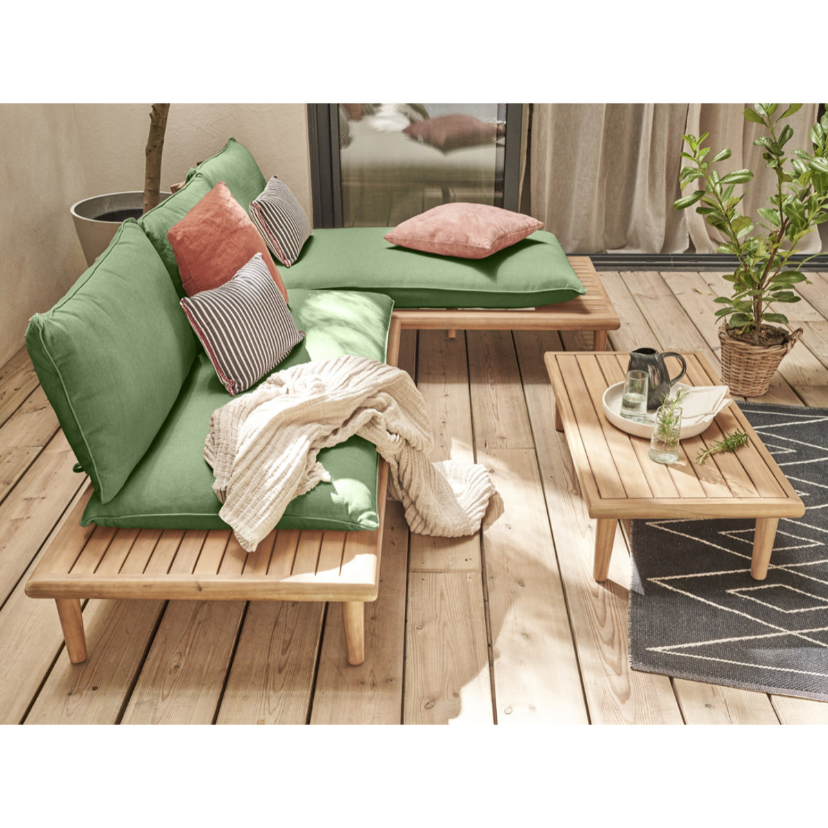 Papeete - salon bas de jardin avec coussins vert - 4 places + table - en bois d'acacia FSC  100% - Vert / Beige