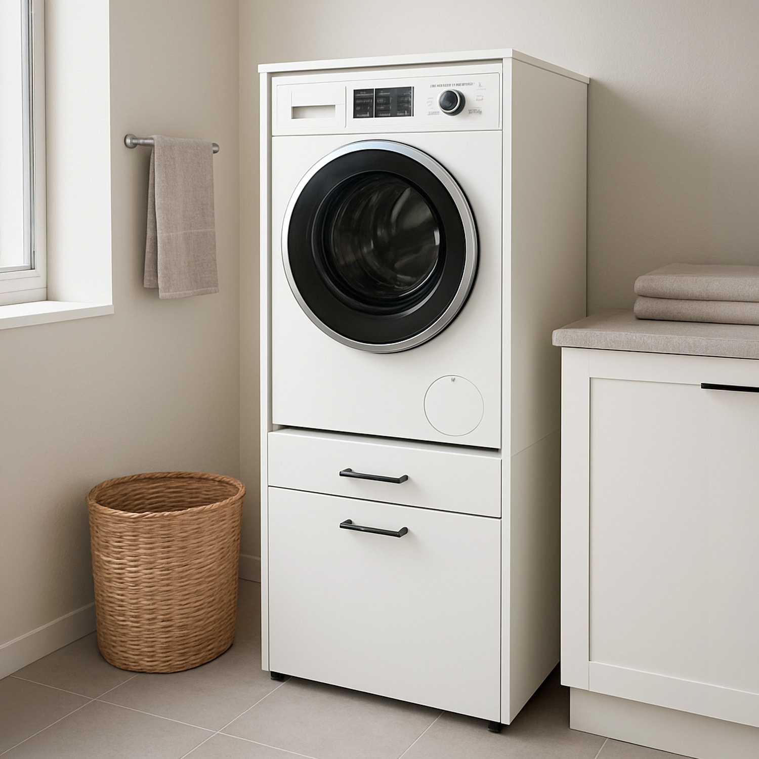 Mobile Lavatrice Con Cassettone Mensola Estraibile Mobiletto Lavanderia Asciugatrice Salvaspazio Con Vano Incasso Piano Appoggio 67×65×144 Cm Bianco