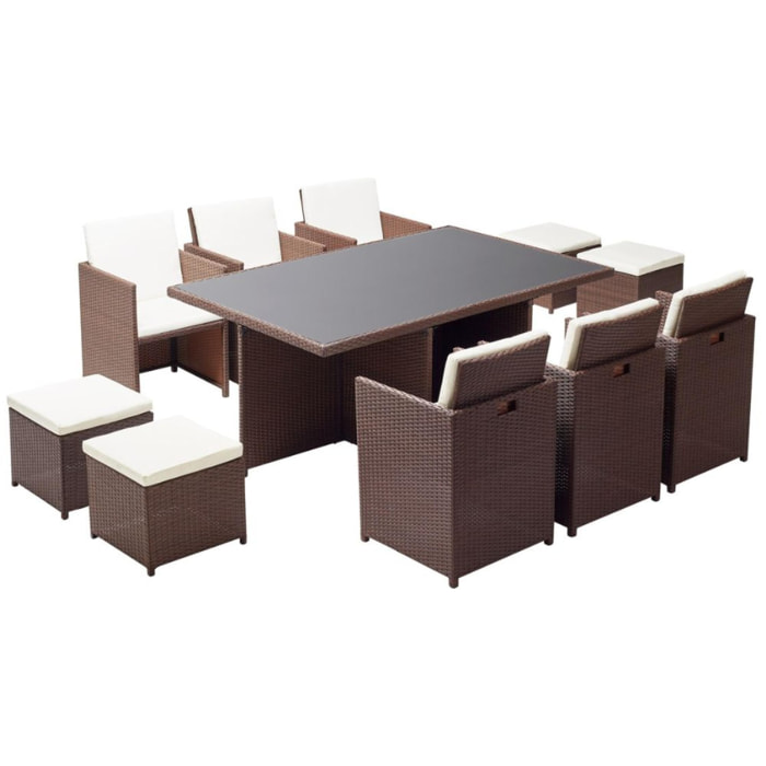 Table et chaises 10 places encastrables résine marron/blanc DALMA