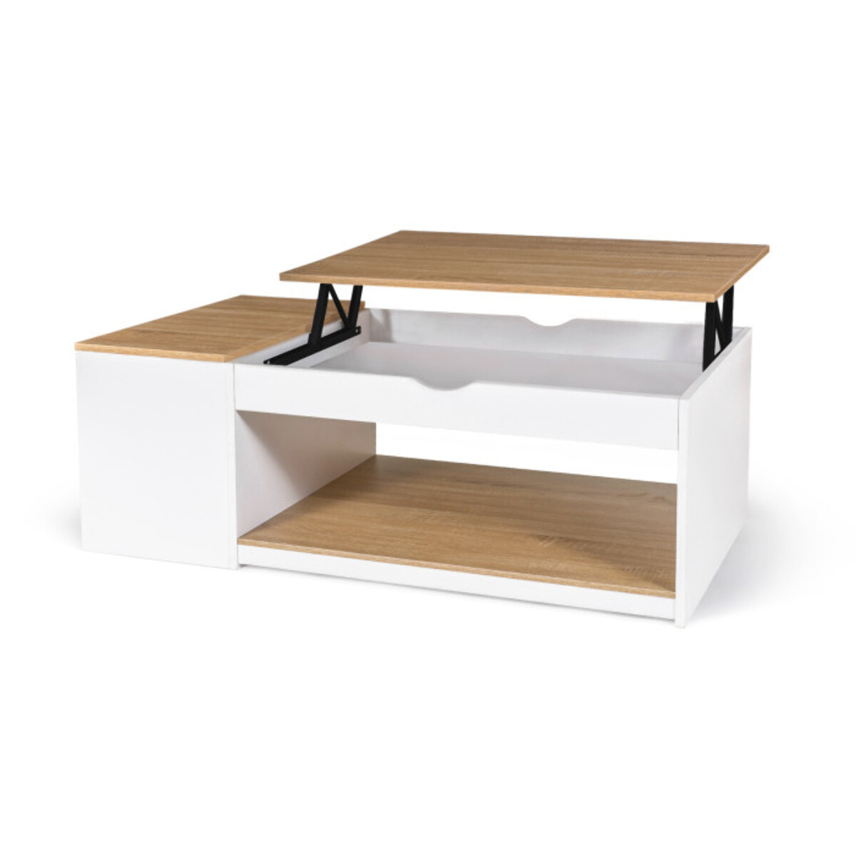 Table basse Elina relevable coffre latéral bois et blanc
