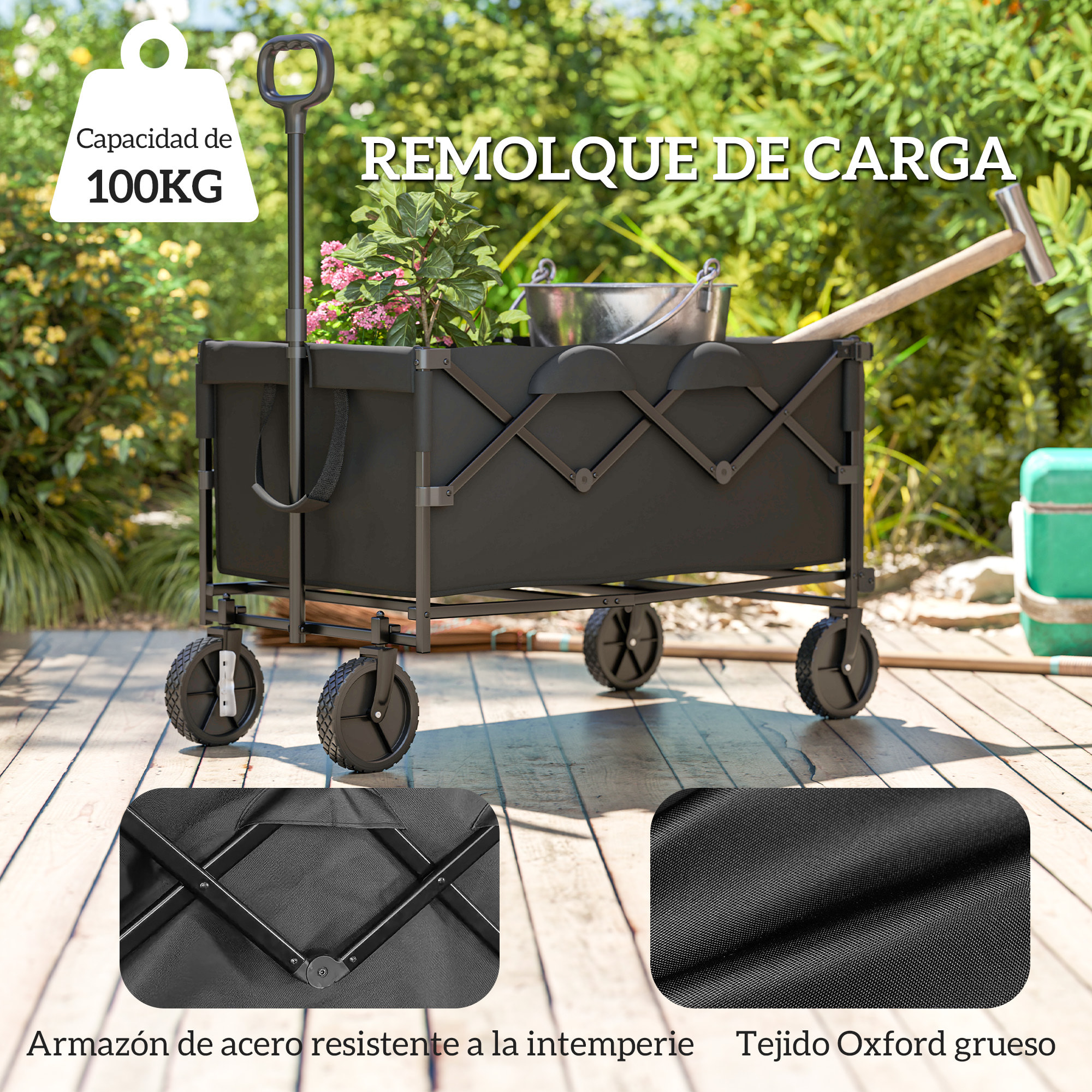 Carro Playa Ruedas Grandes Carro de Jardín Plegable con Mango Telescópico Ajustable Puerta Trasera Expandible Carga 100 kg Carrito Transporte para Todo Terreno Jardín Campaña Compra Negro
