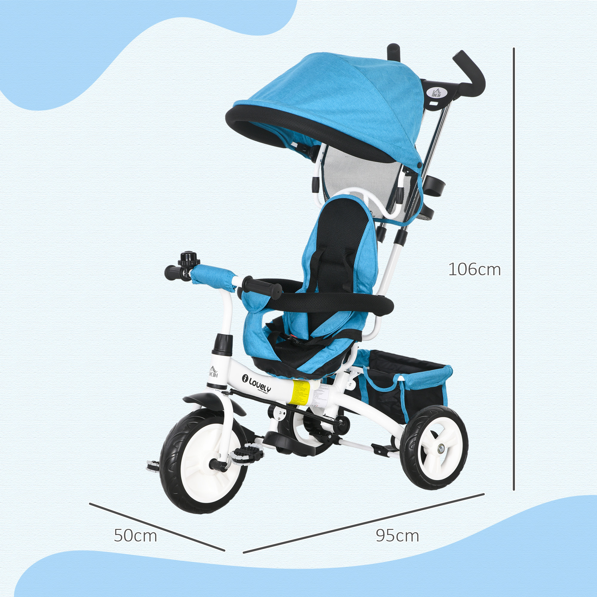 Triciclo para Bebés Triciclo Evolutivo para Niños con Toldo Plegable Mango de Empuje Telescópico y Desmontable Cinturón de Seguridad y Cesto 95x50x106 cm Azul