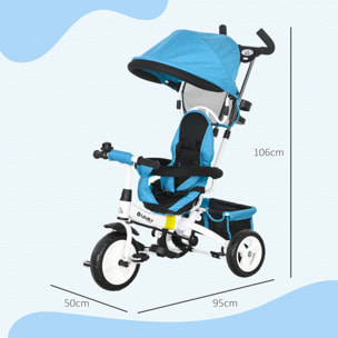 Triciclo para Bebés Triciclo Evolutivo para Niños con Toldo Plegable Mango de Empuje Telescópico y Desmontable Cinturón de Seguridad y Cesto 95x50x106 cm Azul