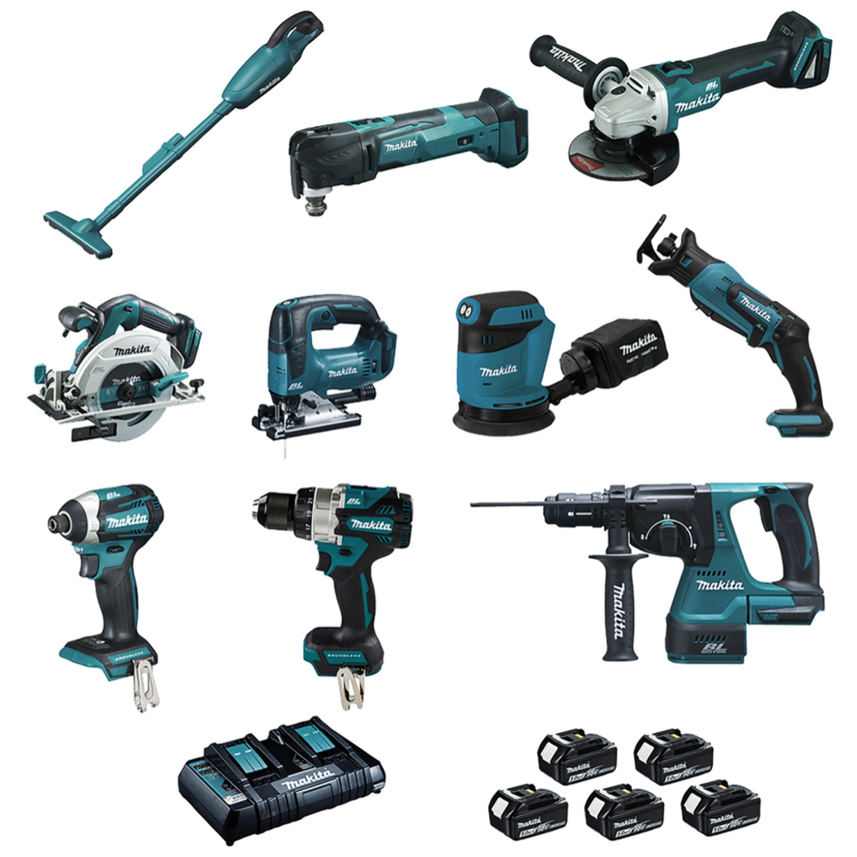 Set de 10 máquinas de 18V (DCL180 + DHP486 + DTD154 + DGA506 + DHS680 + DHR243 + DTM51 + DJR183 + DJV182 + DBO180) - MAKITA - con 5 baterías de 18v 5Ah y Makpac- LOT0309