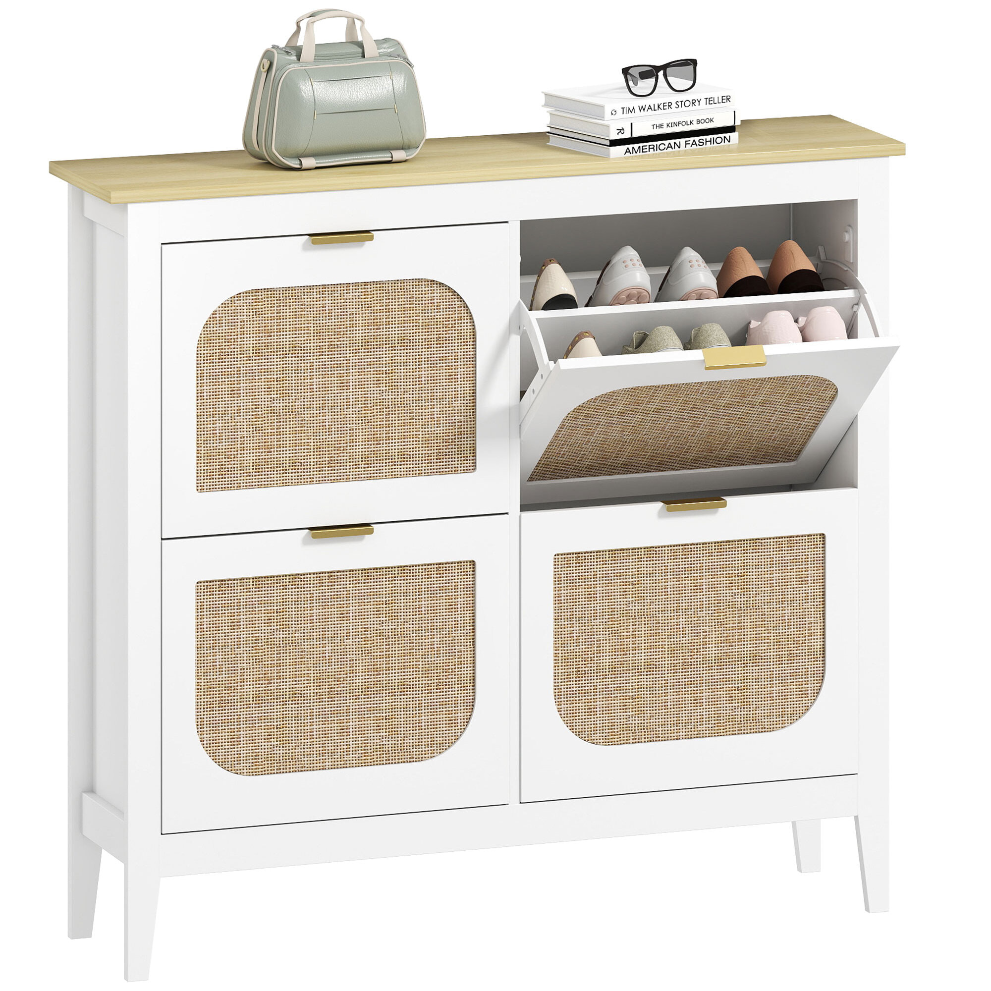 Zapatero Estrecho con 4 Puertas de Ratán Zapatero Entrada Recibidor con Estantes Ajustables para 20 Pares de Zapatos 105x24x95,5 cm Blanco