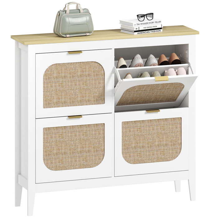 Zapatero Estrecho con 4 Puertas de Ratán Zapatero Entrada Recibidor con Estantes Ajustables para 20 Pares de Zapatos 105x24x95,5 cm Blanco