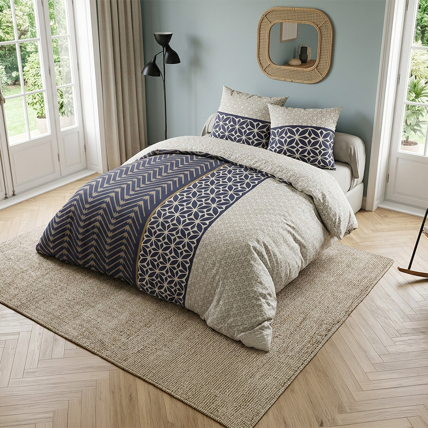 Parure housse de couette 100% coton motif art déco bleu et beige - Melvin