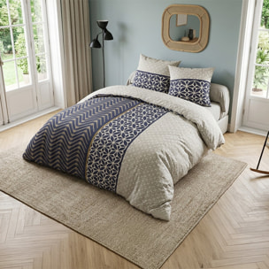 Parure housse de couette 100% coton motif art déco bleu et beige - Melvin