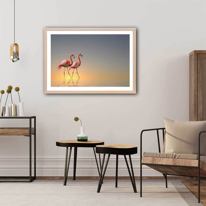 Affiche animaux flamands bleus Affiche + cadre en bois - Chêne