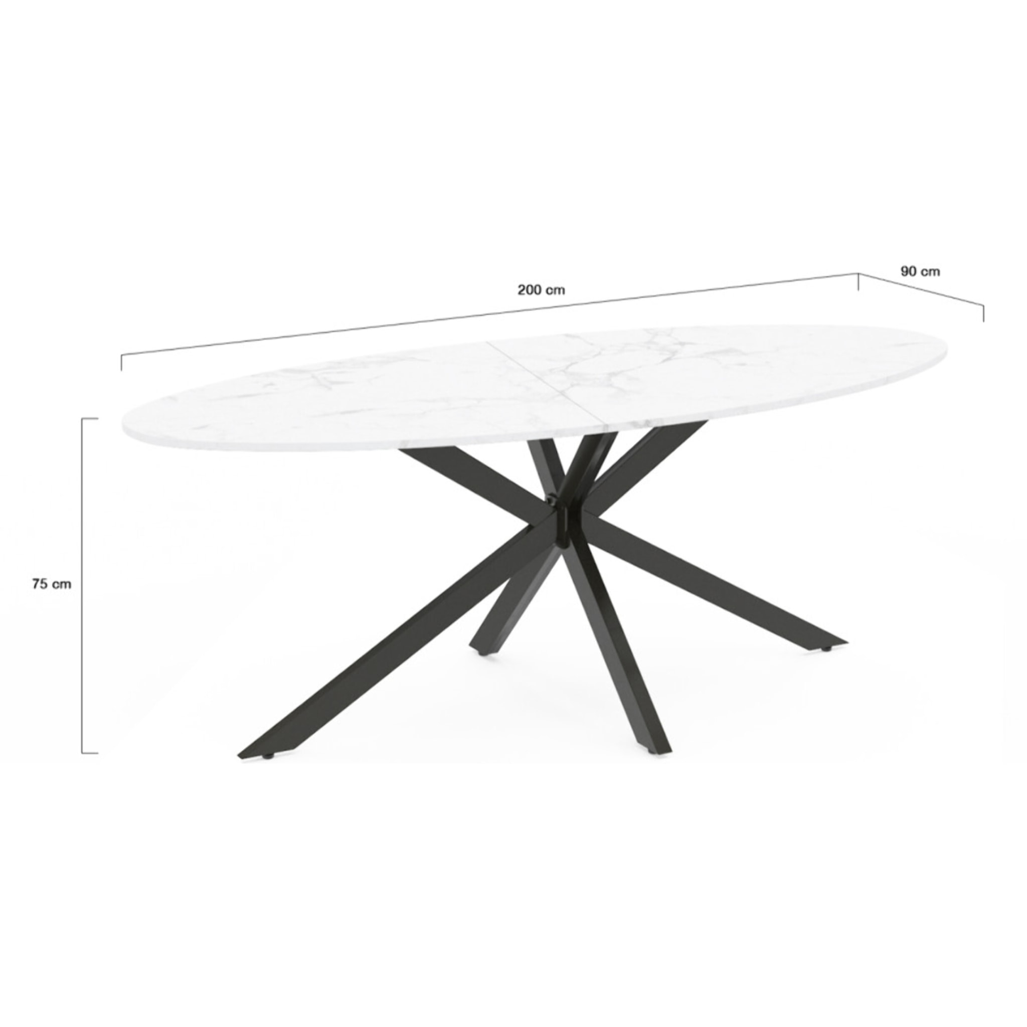 Table à manger ovale Céleste effet marbre blanc et noir 200cm