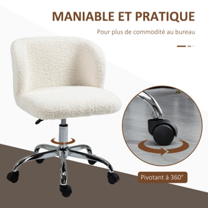 Chaise de bureau design - hauteur réglable, pivotante - piètement acier chromé revêtement effet laine bouclée blanc