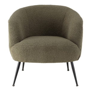 AGATHE - Fauteuil cosy tissu bouclette vert kaki pieds métal noir