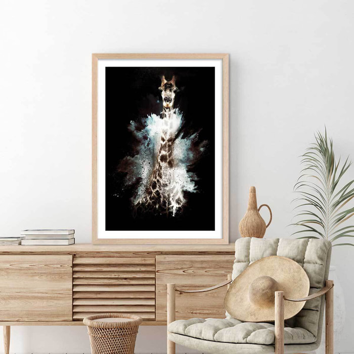 Affiche wild explosion girafe Affiche + cadre en bois - Chêne