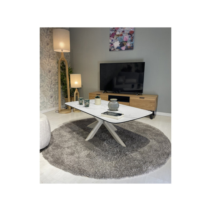 Table basse 130 cm en céramique blanc pied croix métal beige - LOTUS