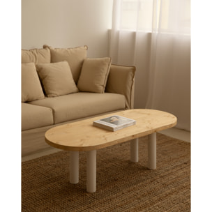 Table basse ovale en bois massif avec plateau en teinte chêne moyen et pieds en teinte blanche de 40x120cm Hauteur: 40 Longueur: 120 Largeur: 50