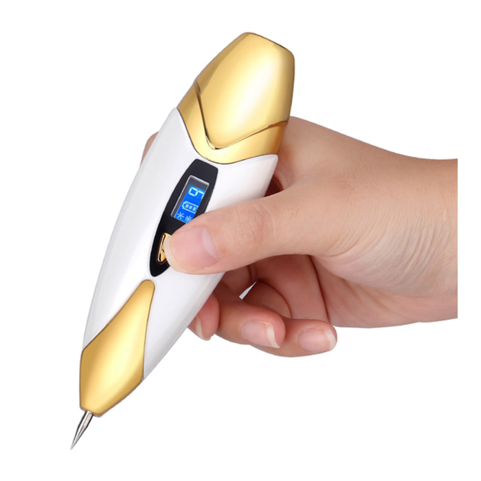 Bolígrafo eléctrico para eliminar imperfecciones de la piel ( lunares, manchas, berrugas, pecas, etc.). Con batería recargable y 9 niveles de intensidad. Incluye 10 agujas finas y 1 gruesa.