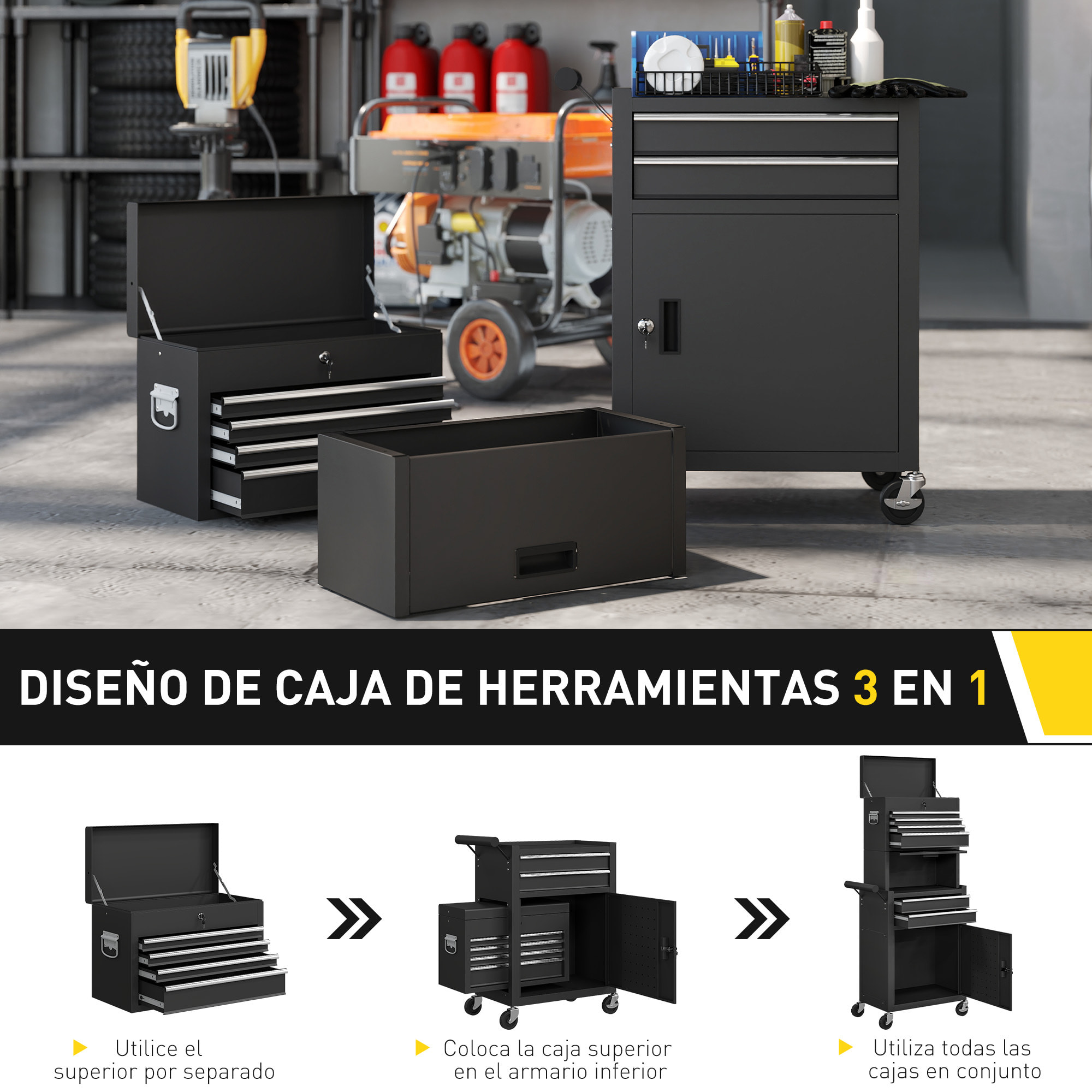 Carro de Herramientas con 6 Cajones y Cerraduras, 3 en 1, Carro de Taller Móvil con Ruedas y Panel Lateral Perforado, Caja de Herramientas Desmontable de Acero, para Taller, Garaje, Negro