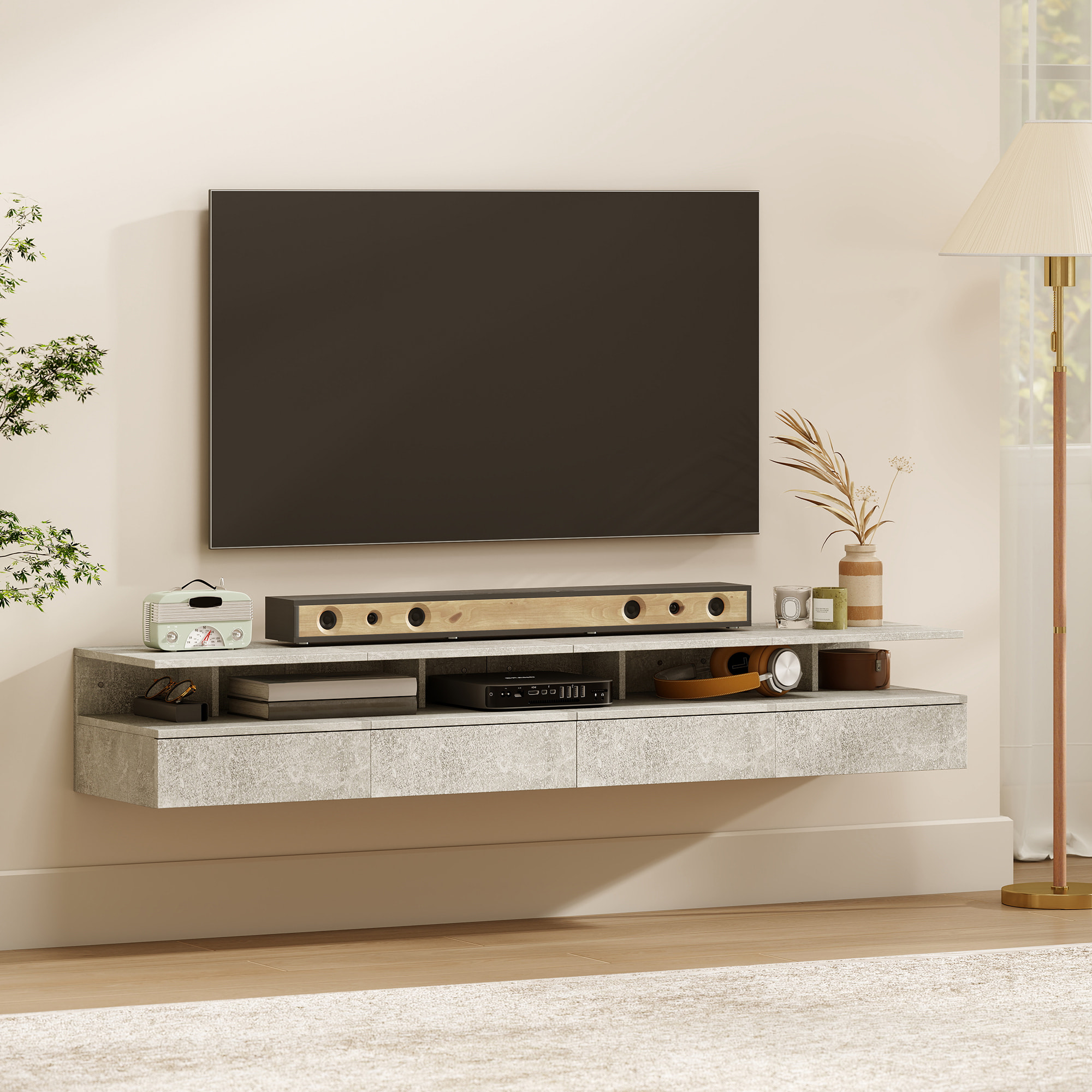 Juego de 2 Mesitas de Noche Flotantes, Mesillas de Noche Dormitorio con Cajón, Estante Abierto, Ahorra Espacio, Diseño Moderno, para Sala de Estar, 35x32x22,5 cm, Gris