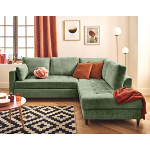 Anna - canapé d'angle droit 5 places convertible en velours texturé - Vert sauge