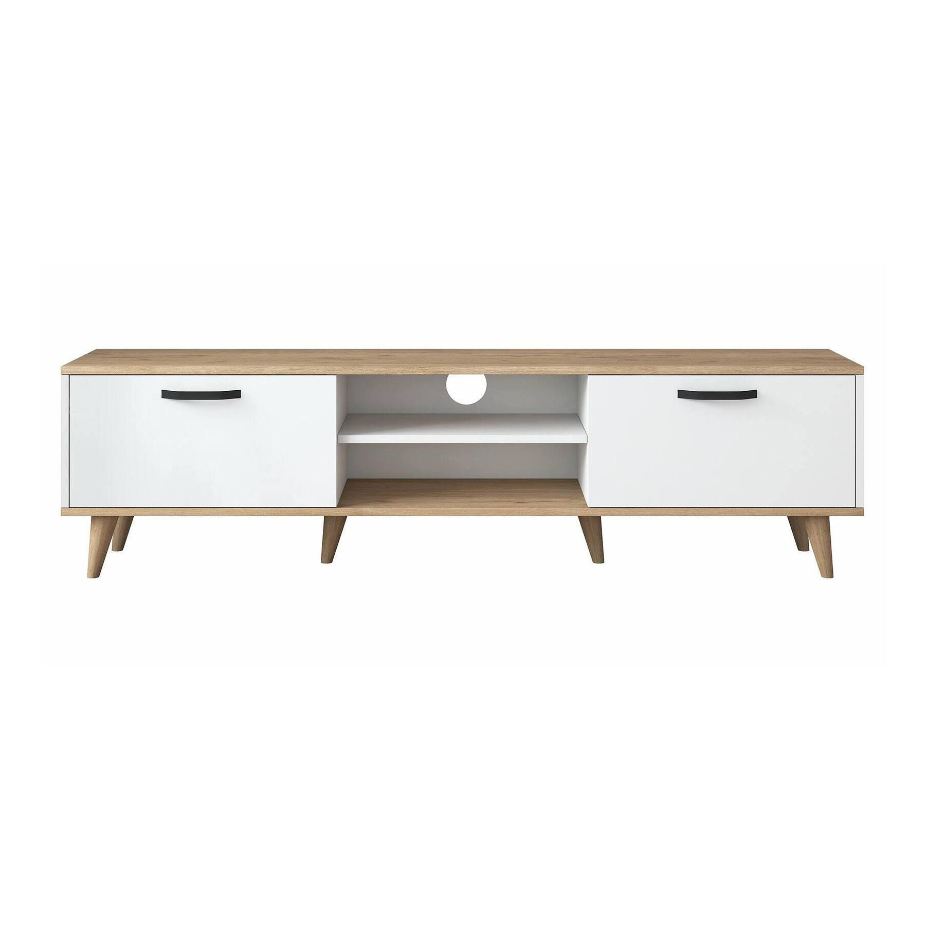 Mobile porta TV Dcastigli, Credenza da soggiorno, Armadio basso per TV, Base parete attrezzata, 180x35h49 cm, Bianco e Noce