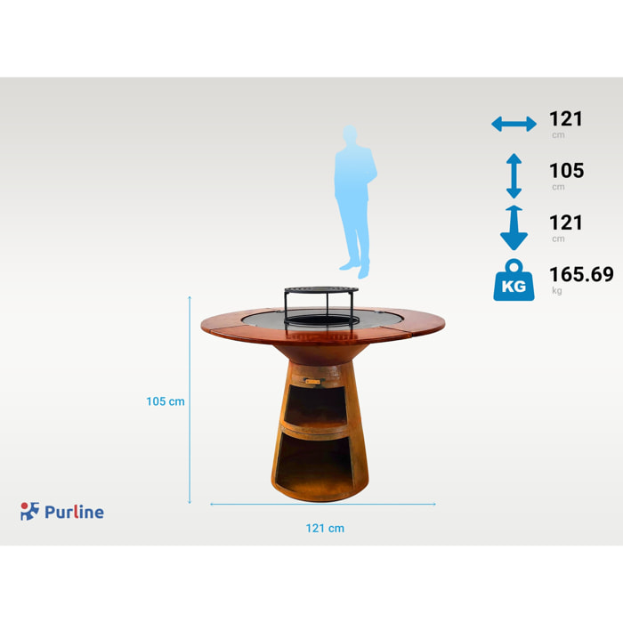 Barbacoa redonda con plancha de acero y grill y tablero de madera EFP59CO WOOD PURLINE  W