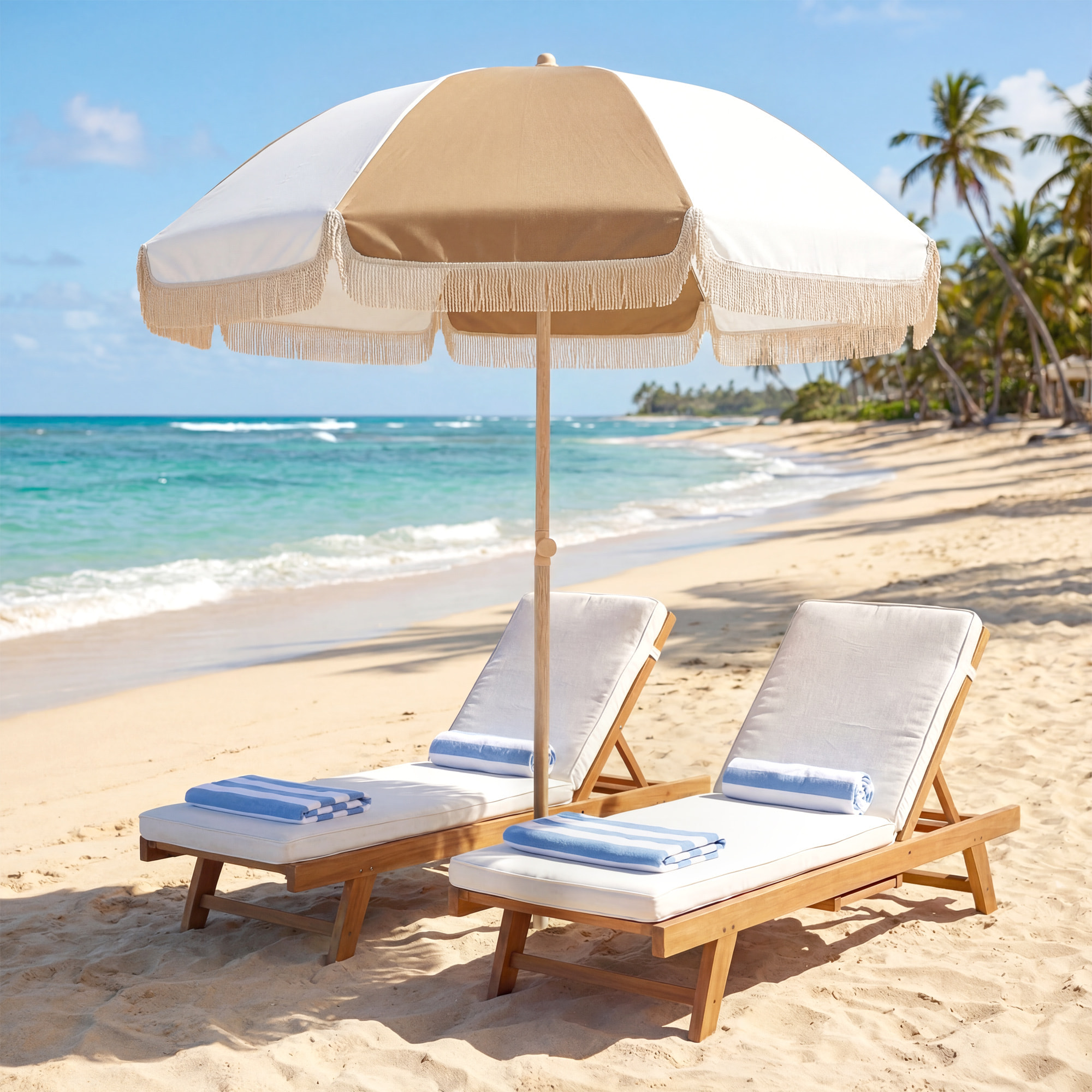 Parasol de plage inclinable à franges dia. 1,7 m beige blanc