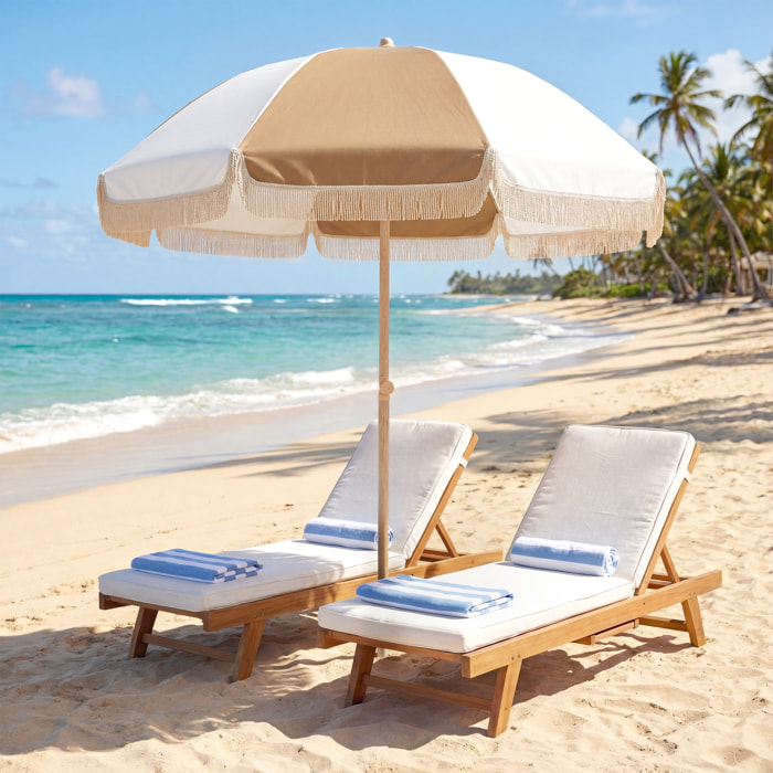 Parasol de plage inclinable à franges dia. 1,7 m beige blanc