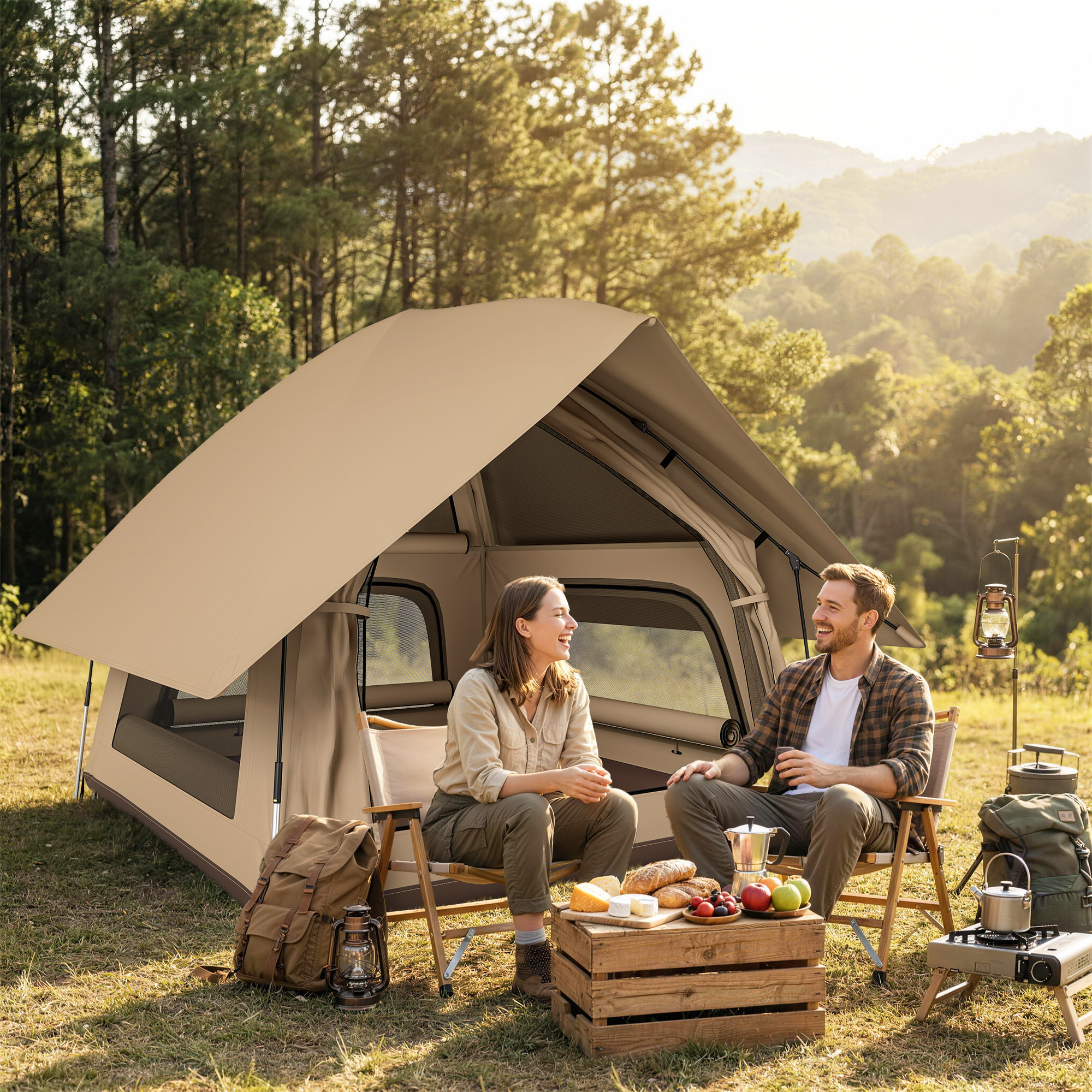 Tienda de Campaña Pop-up para 2-3 Personas, Tienda de Camping Plegable Portátil, Impermeable 3000 mm con 3 Ventanas, 3 Claraboyas, Base, Bolsa Transporte para Senderismo 235x235x184 cm, Caqui