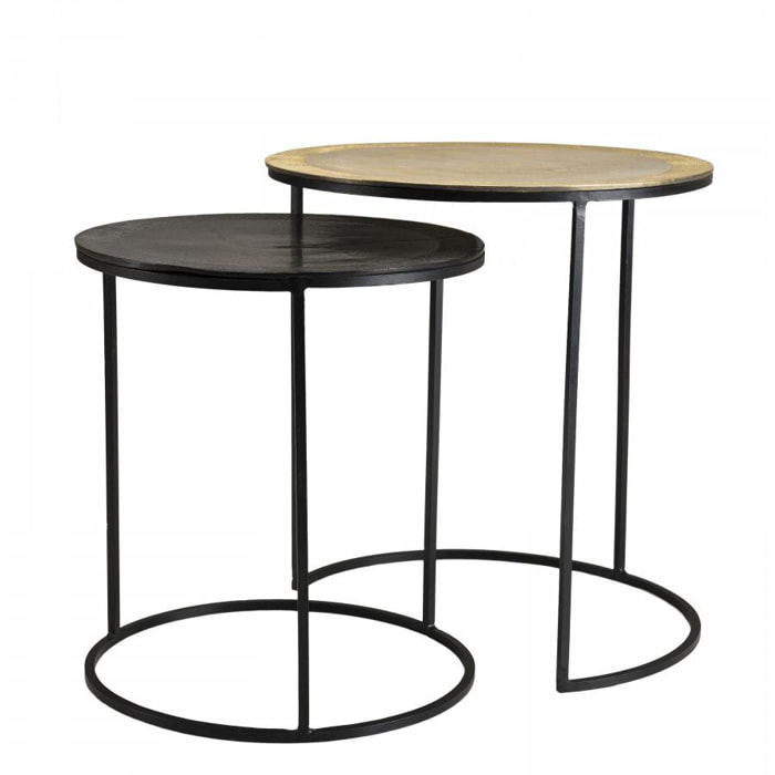 JONAS - Set de 2 tables d'appoint gigognes rondes aluminium doré et noir - pieds ronds métal noir