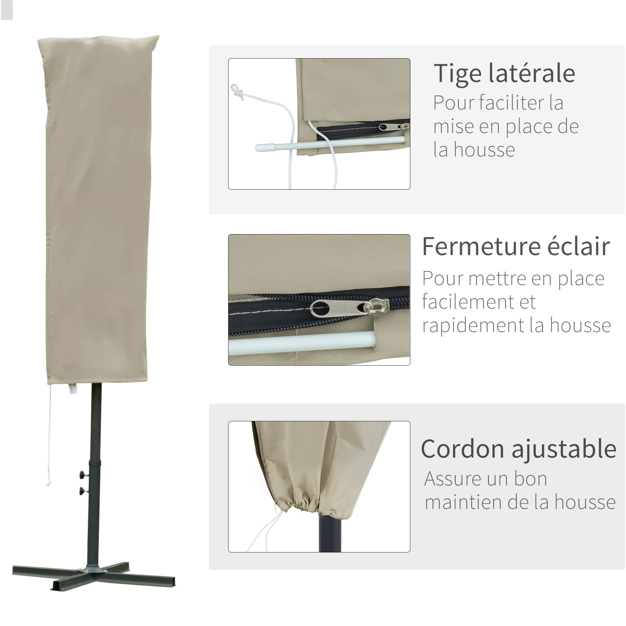 Housse de protection imperméable pour parasol droit avec fermeture éclair et cordon de serrage polyester oxford kaki léger