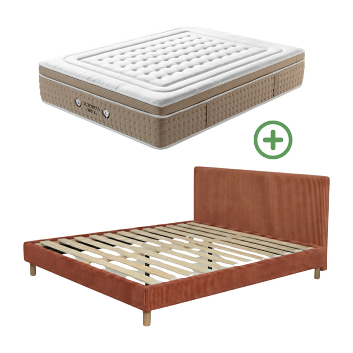Ensemble matelas Bali & lit fixe Colisée | Mémoire de forme et ressorts ensachés | cadre à lattes | Velours côtelé | Terracotta