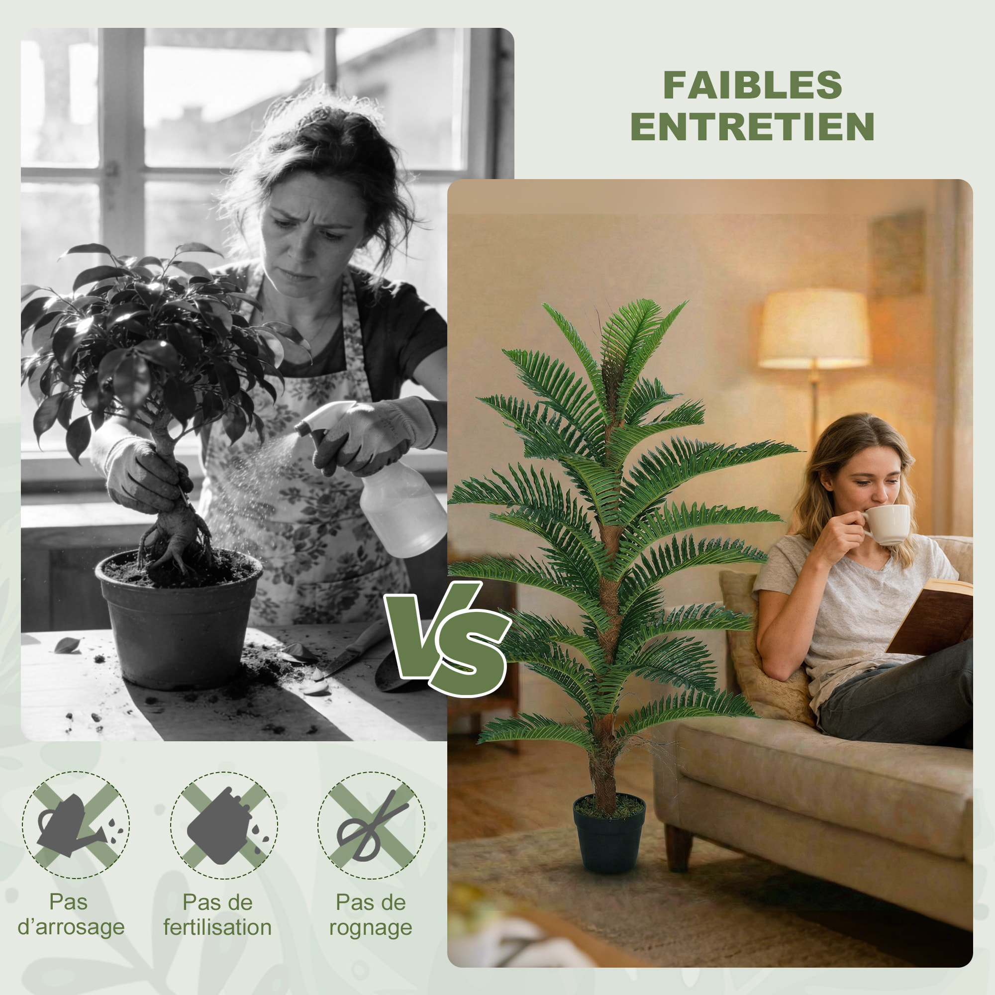 Palmier artificiel H.1,2 m arbre artificiel tronc branches lichen feuilles grand réalisme pot inclus