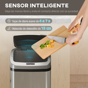 Cubo de Basura Cocina Automático 48 L, Papelera de Cocina de Acero Inoxidable, Sensor Infrarrojo, Cierre Automático, Antihuellas, para Dormitorio, Oficina, Plata