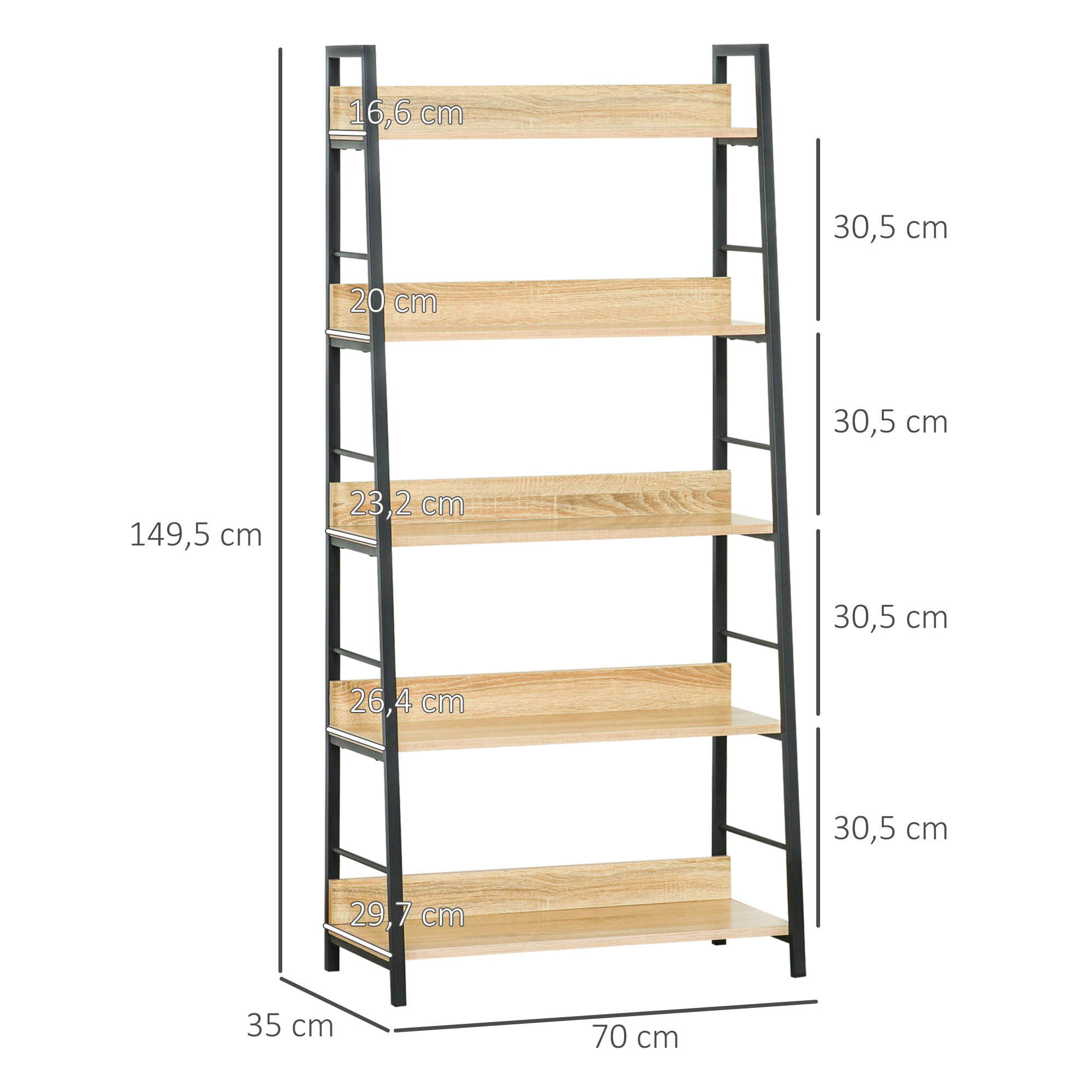 Estantería Librería de 5 Niveles Estantería de Salón Estantería para Libros con Marco de Metal Carga 25 kg para Oficina Estudio 70x35x149,5 cm Natural