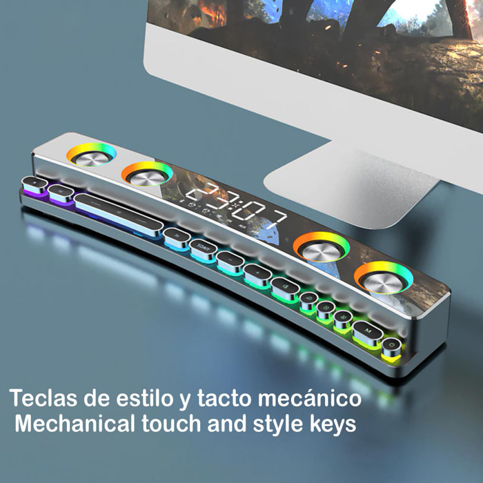 Barra de sonido SH39 Bluetooth 5.0 con teclas mecánicas, pantalla y luz RGB. Batería de 3600mAh. Gaming, home cinema.