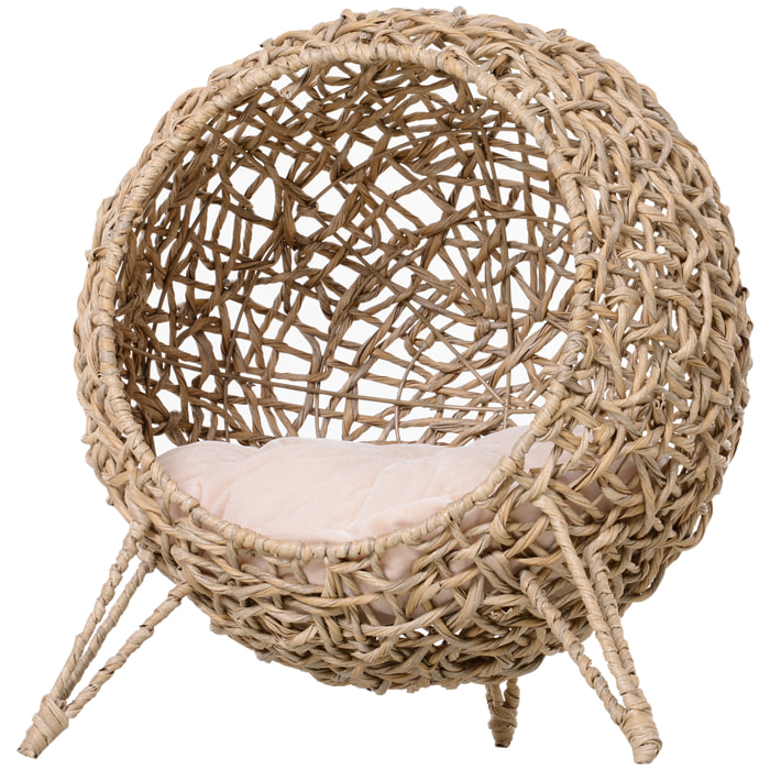PawHut Panier chat lit chat cosy grand confort dim. Ø 52 x 58H cm coussin moelleux inclus résine tressée imitation rotin beige