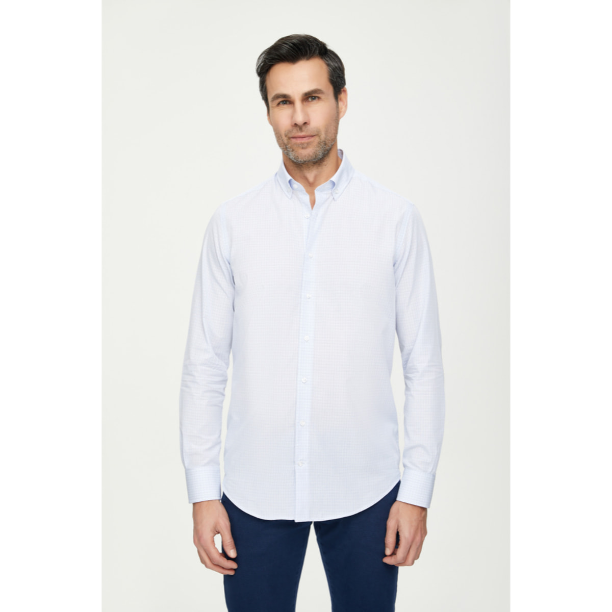 Camicia Uomo 1 Bottone Button Down Slim Cotone Quadro Piccolo Celeste/Bianco