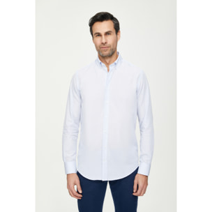 Camicia Uomo 1 Bottone Button Down Slim Cotone Quadro Piccolo Celeste/Bianco