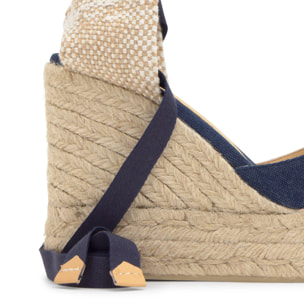 Alpargata de cuña 8 cm en lona de algodón con cintas al tobillo y talonera trenzada