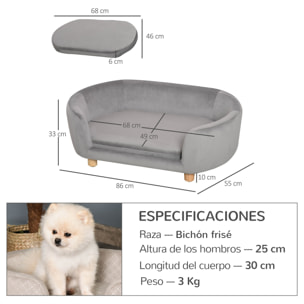 Sofá para Perros Pequeños, Cama para Perros Elevada con Patas de Madera, Cojín Desmontable y Funda Lavable, Carga 10 kg, 86x55x33 cm, Gris Claro