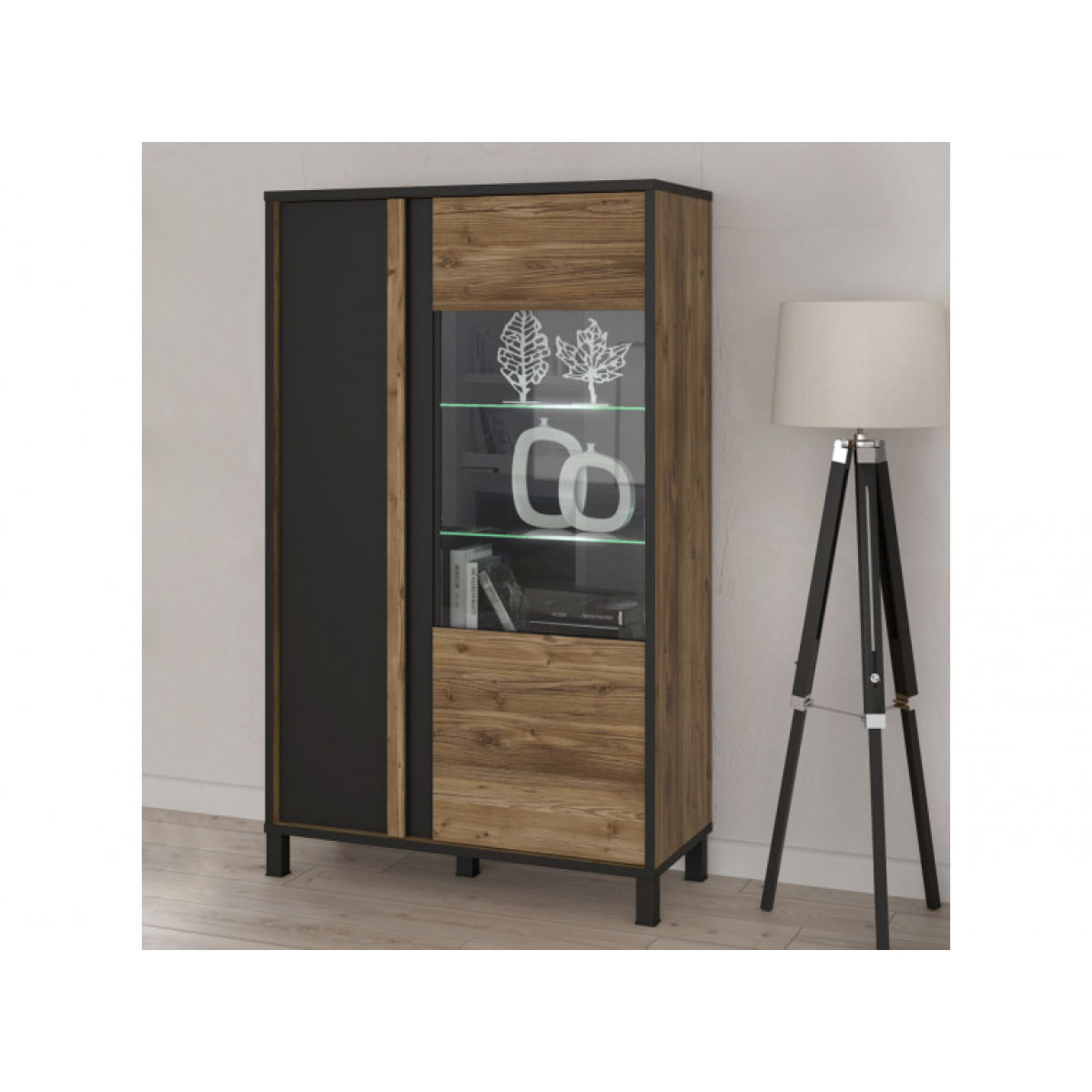 Vitrine en bois effet chêne et noir style industriel - YAL