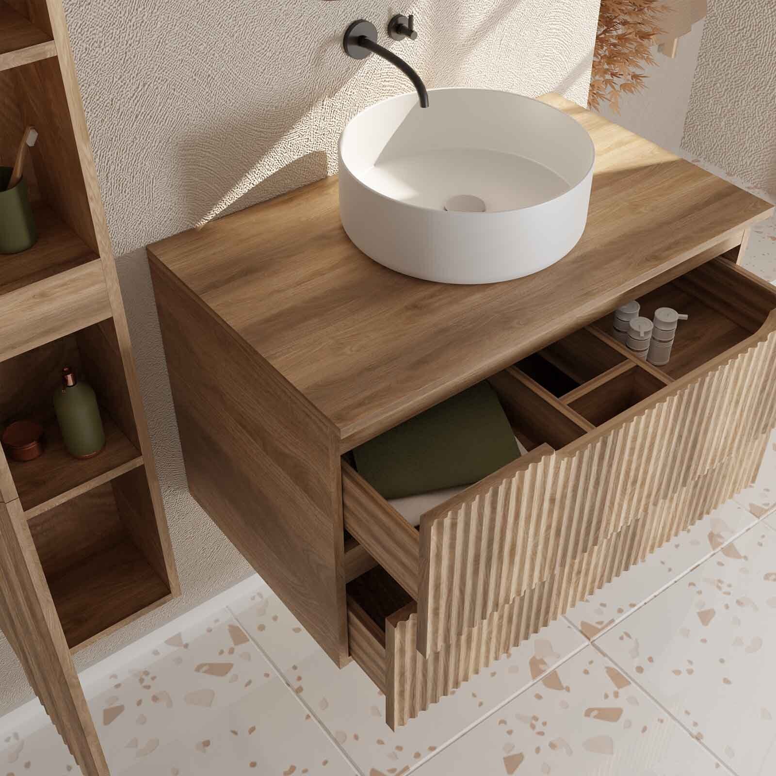 Meuble et colonne de Salle de Bains LEON 80cm Décor Bois - Façade Ondulée - Vasque Ronde 36cm