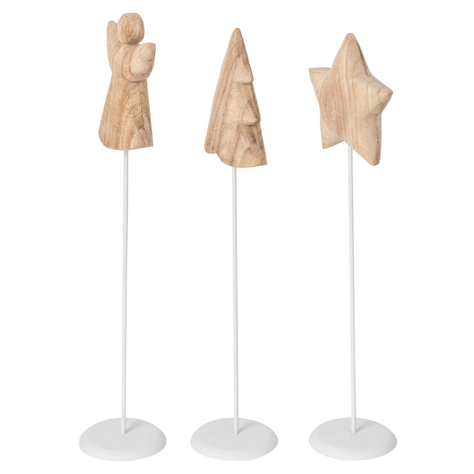 J-Line anges, arbres et étoiles - bois de paulownia - blanc/naturel - small - assortiment de 3